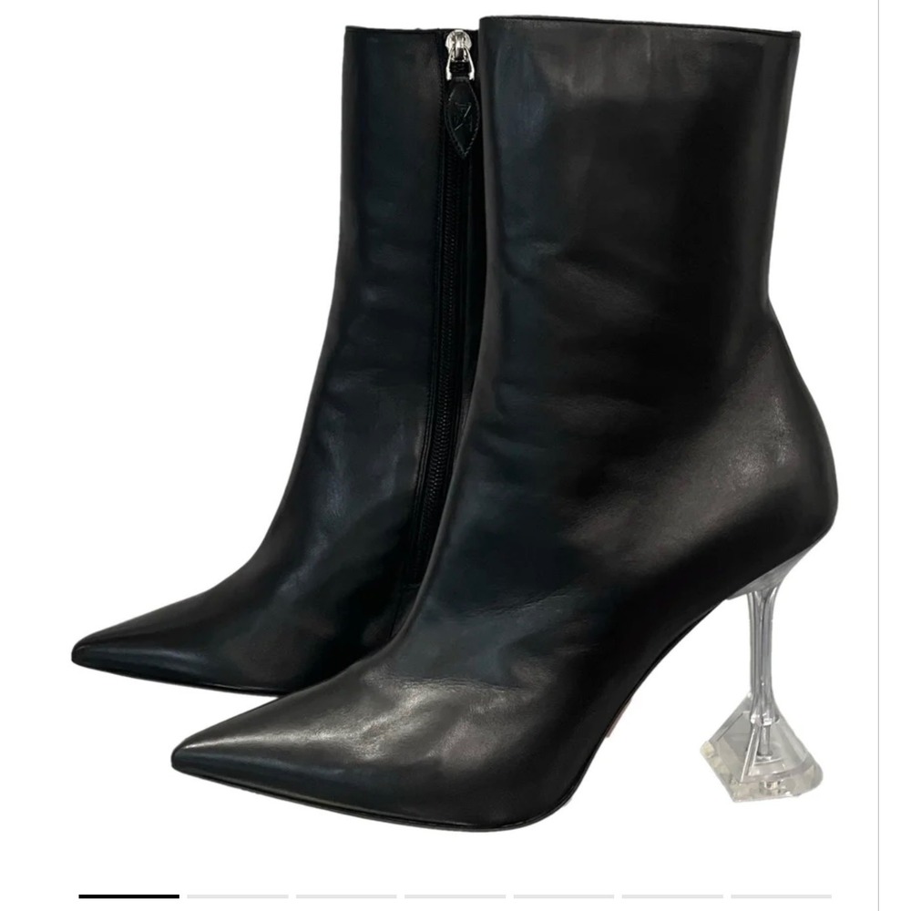 AMINA MUADDI Black Leather Pointed Toe Stiletto Ankle Boots Clear Heel 39‎